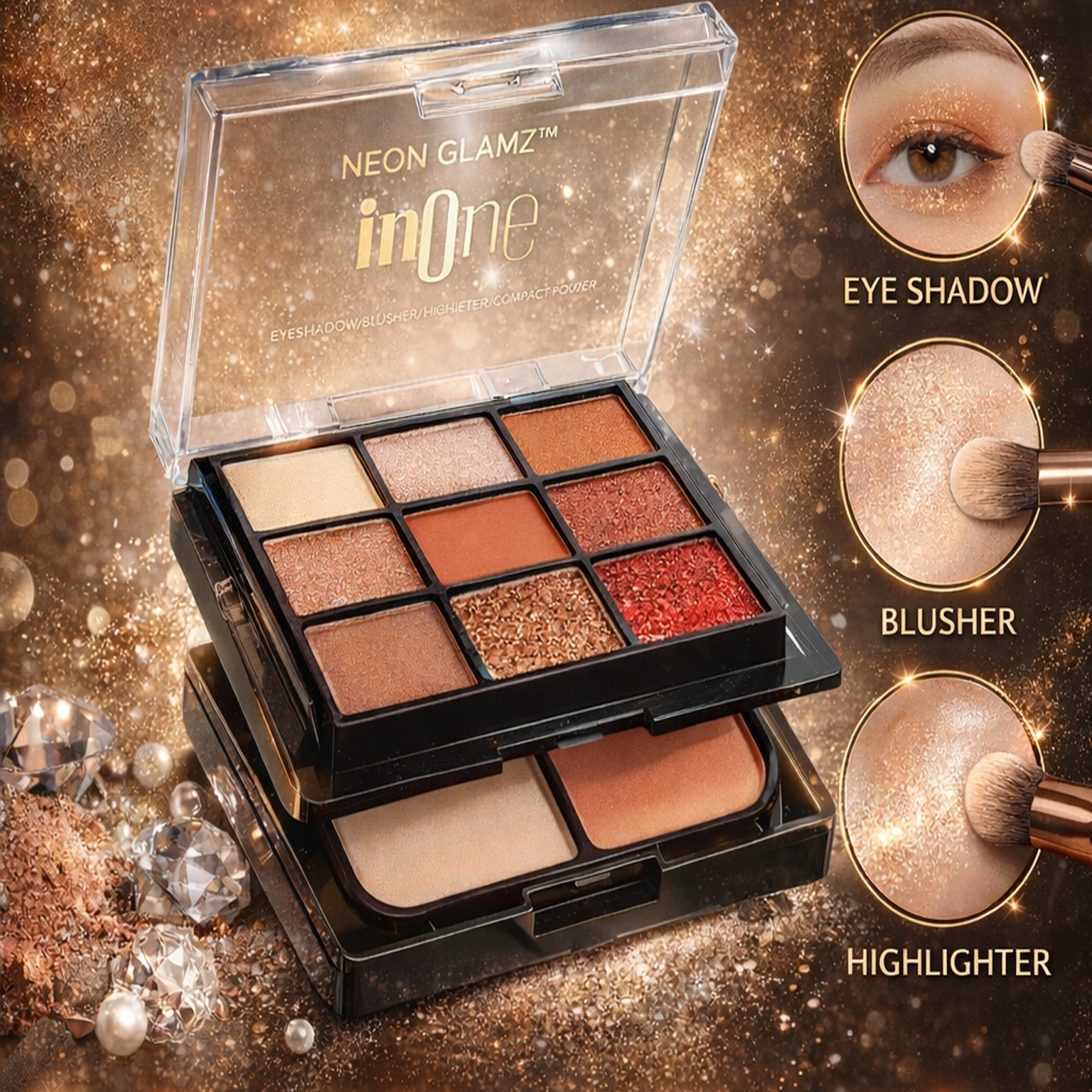 Celeb 4 in 1 Makeup Kit- Eye Shadow, Highlighter, Blusher and Compact Powder - Image 2